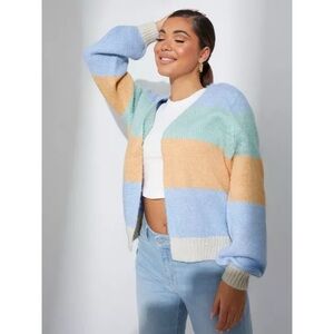 Pieces Pcoline Knitted Cardigan Color Block Stripe Open Front Womens Size XL